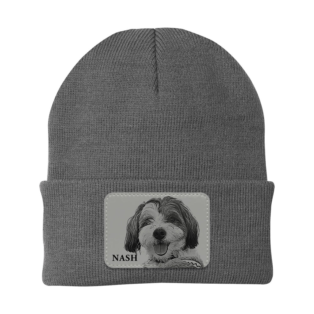 Gray beanie with a patch of a dog named Nash on a white background