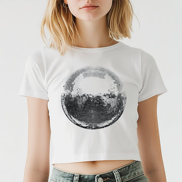 Disco Ball Party Y2K Crop Baby Tee - printwithsky 