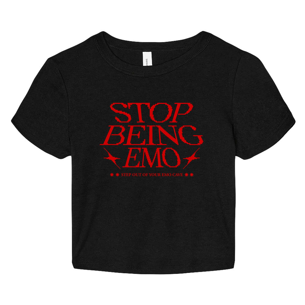 Stop Being Emo Micro Rib Baby Tee – Y2K Fitted Crop Top | Trendy Ribbed Graphic T-Shirt