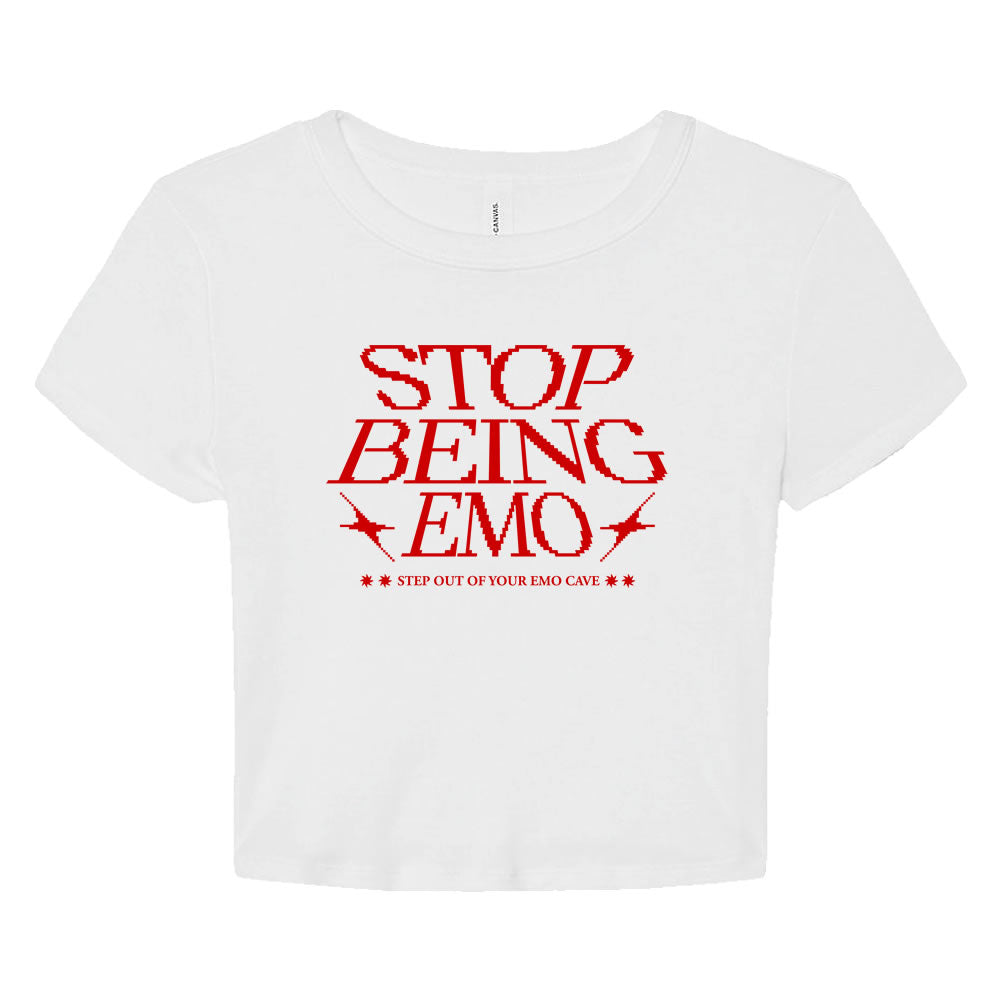 Stop Being Emo Micro Rib Baby Tee – Y2K Fitted Crop Top | Trendy Ribbed Graphic T-Shirt