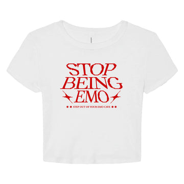 Stop Being Emo Micro Rib Baby Tee – Y2K Fitted Crop Top | Trendy Ribbed Graphic T-Shirt