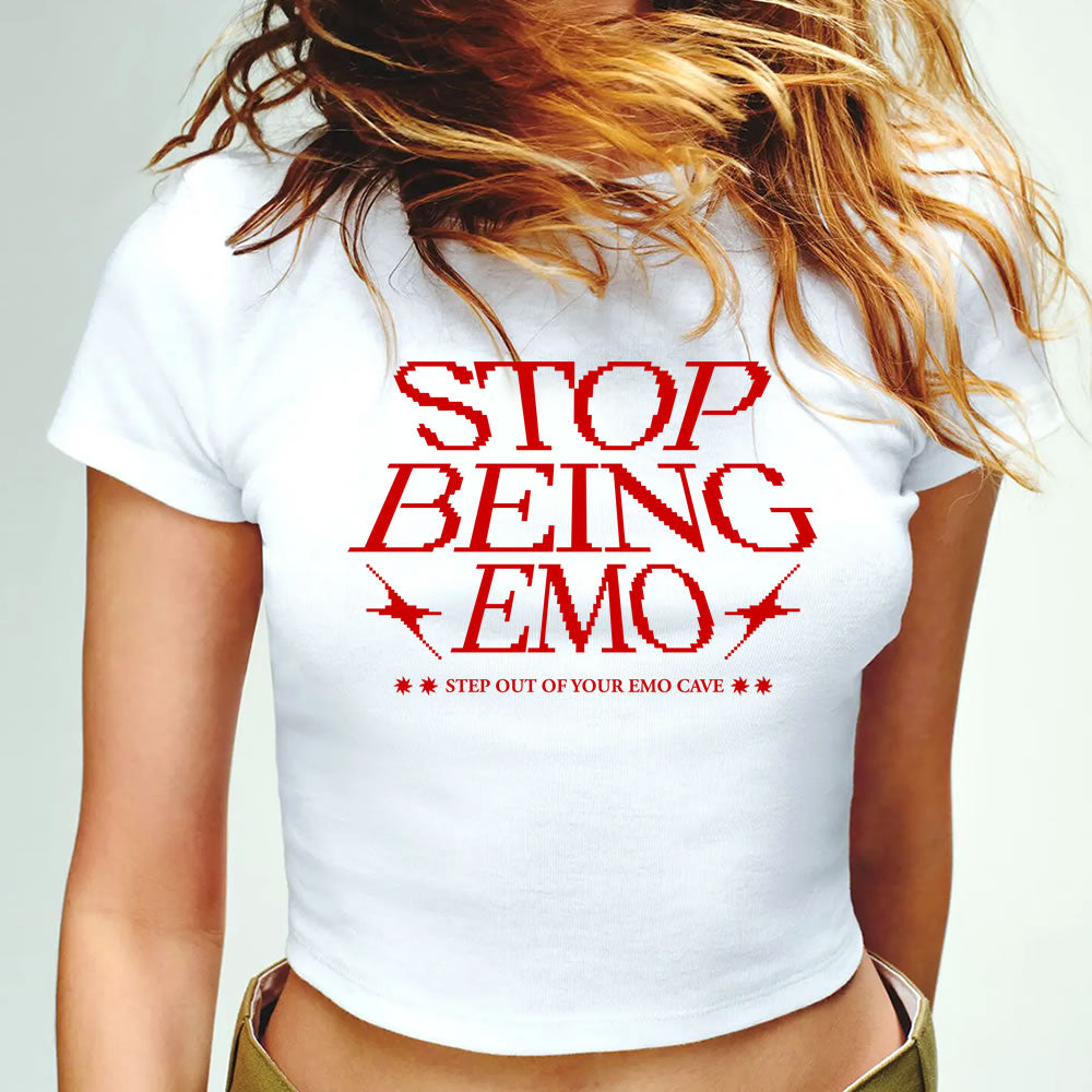 Stop Being Emo Micro Rib Baby Tee – Y2K Fitted Crop Top | Trendy Ribbed Graphic T-Shirt