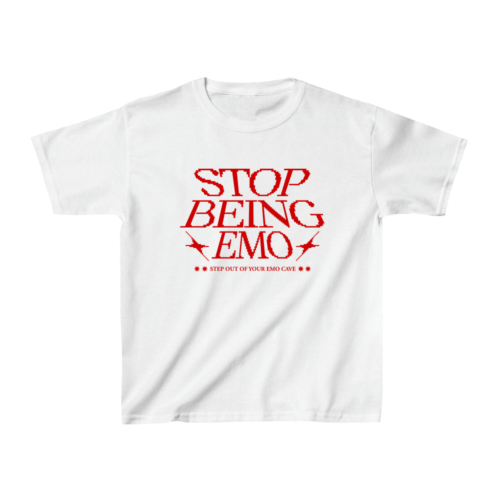 Stop Being Emo 90s Baby Tee – Y2K Graphic Crop Top | Vintage Aesthetic Fitted T-Shirt