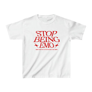 Stop Being Emo 90s Baby Tee – Y2K Graphic Crop Top | Vintage Aesthetic Fitted T-Shirt