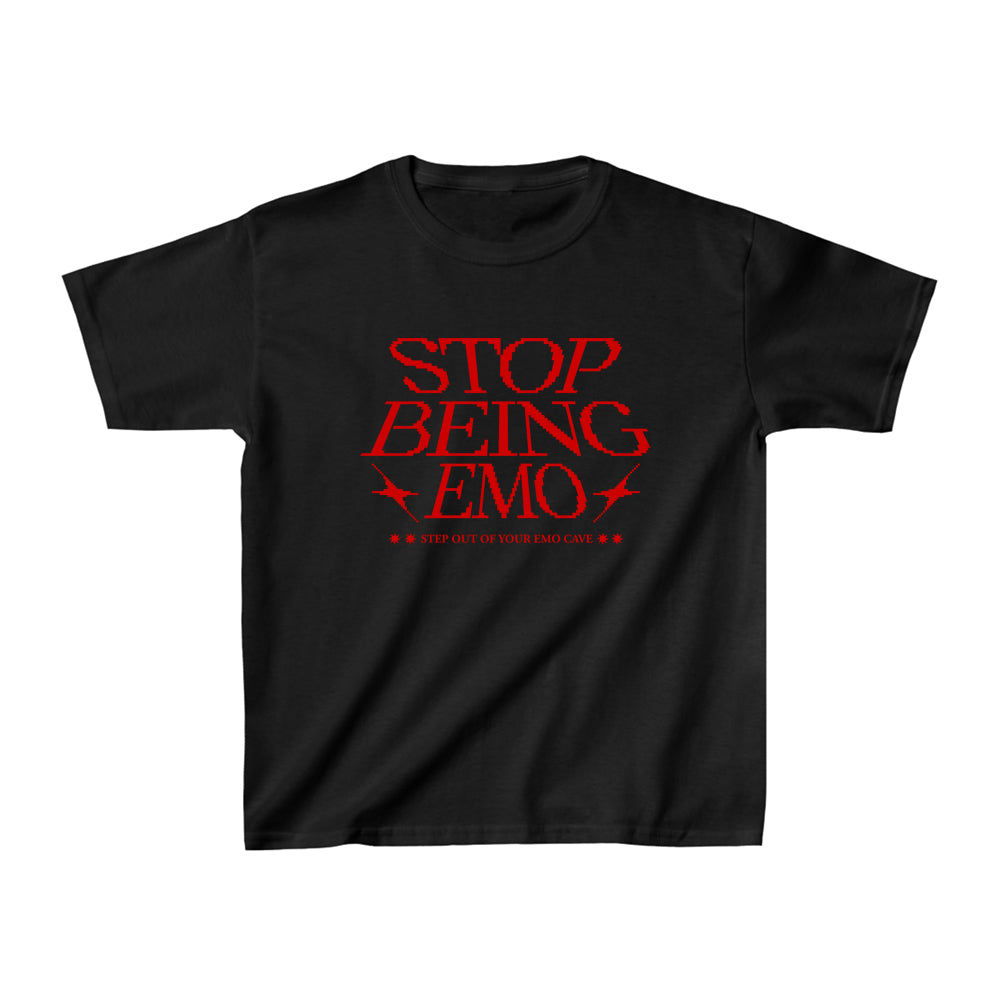 Stop Being Emo 90s Baby Tee – Y2K Graphic Crop Top | Vintage Aesthetic Fitted T-Shirt