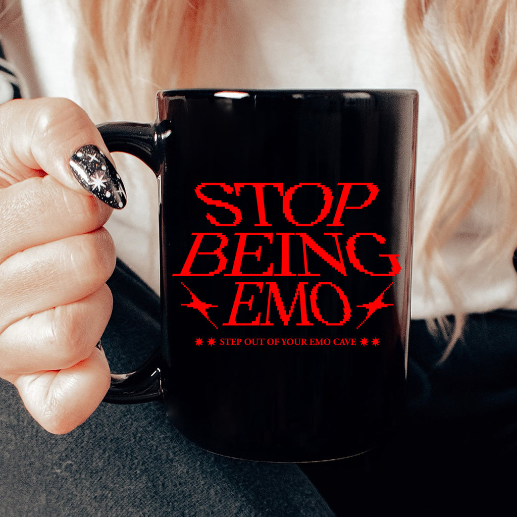 Stop Being Emo Black Mug – Funny Emo Coffee Cup for 90s & Y2K Alternative Fans