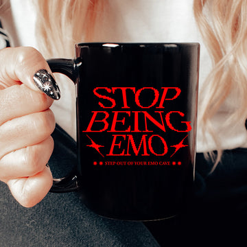 Stop Being Emo Black Mug – Funny Emo Coffee Cup for 90s & Y2K Alternative Fans