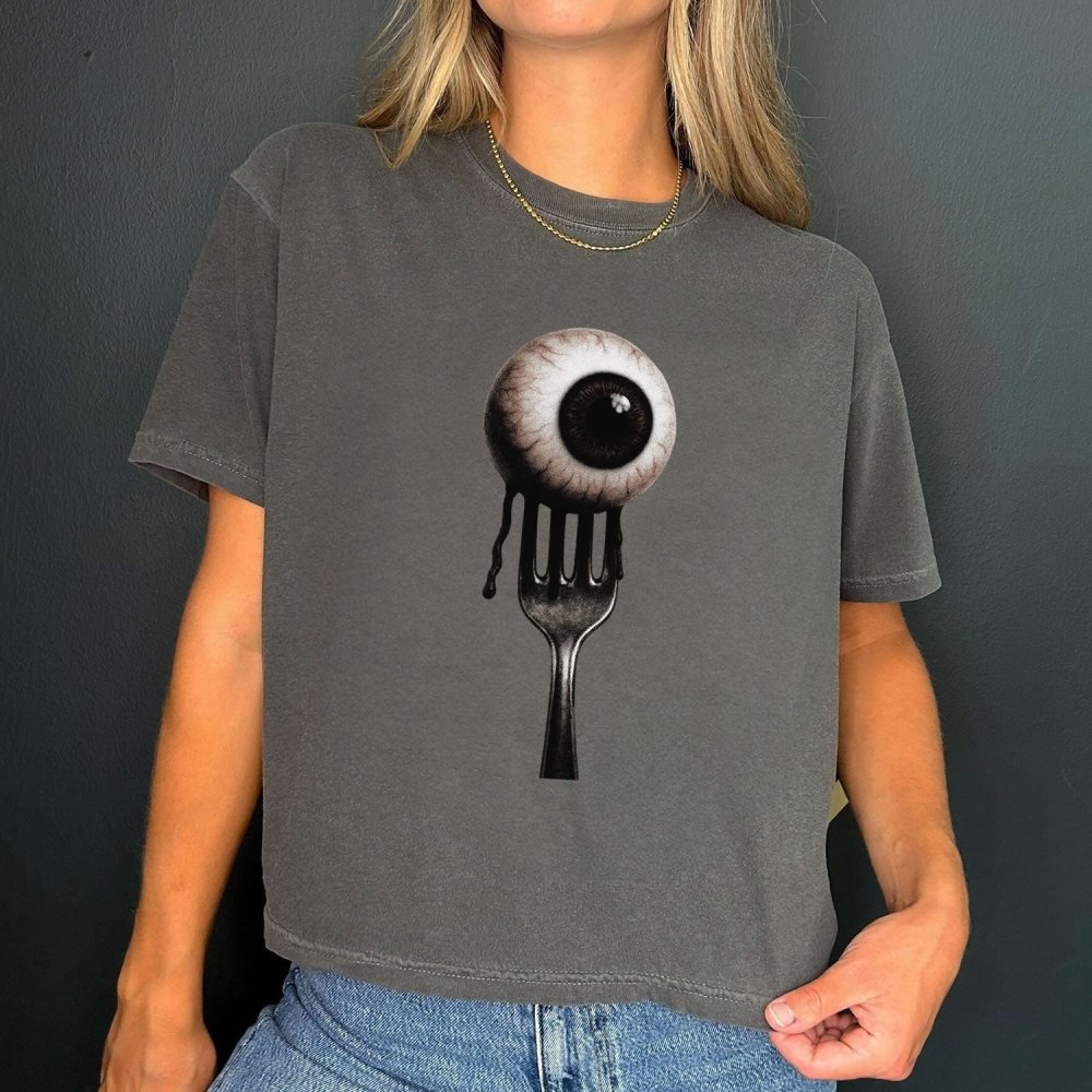 Eyeball Graphic Halloween Women’s Crop Boxy Tee | Punk Gothic Streetwear Top - printwithsky