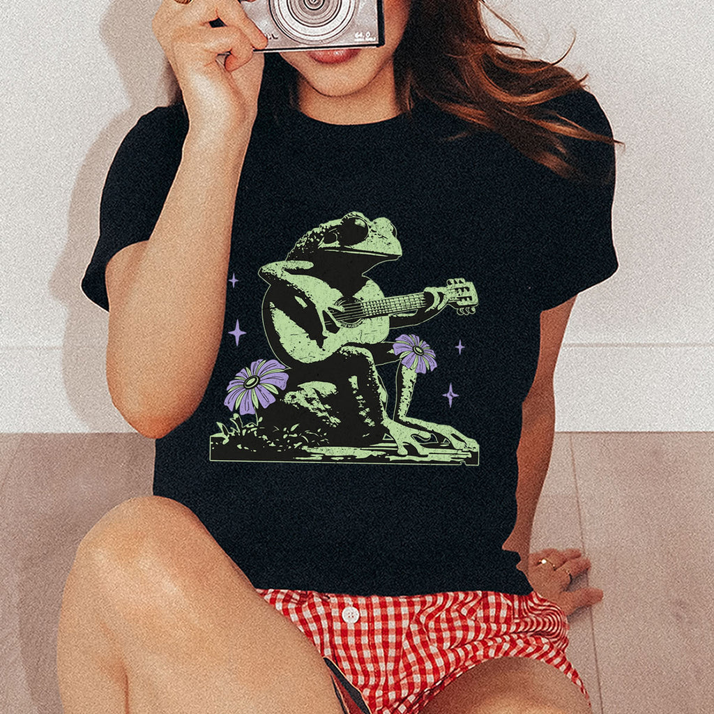 Frog Guitar Baby Tee - Y2K Aesthetic Animal Graphic Shirt