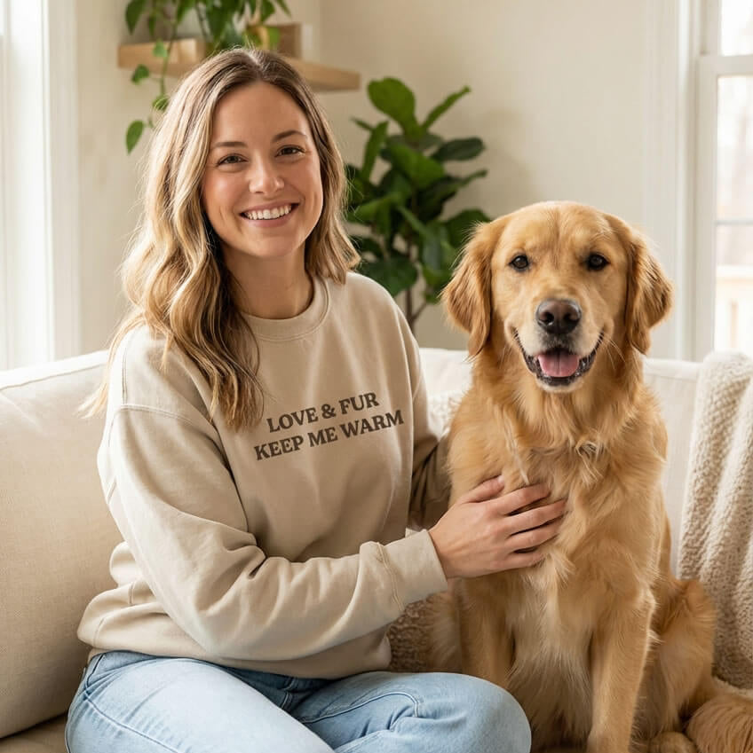 Woman sitting on a couch with a golden retriever dog, wearing a sweatshirt with text.