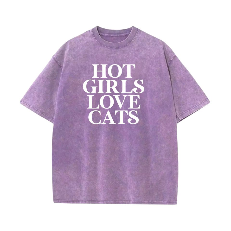 Hot Girls Love Cats Washed Oversized T‑Shirt | Soft Oversized Funny Cat Lover T‑Shirt - printwithsky