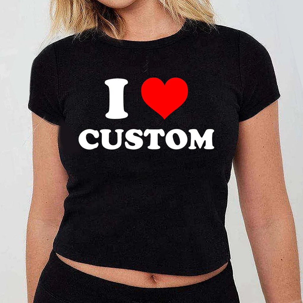Black t-shirt with 'I ❤️ CUSTOM' text on a plain background