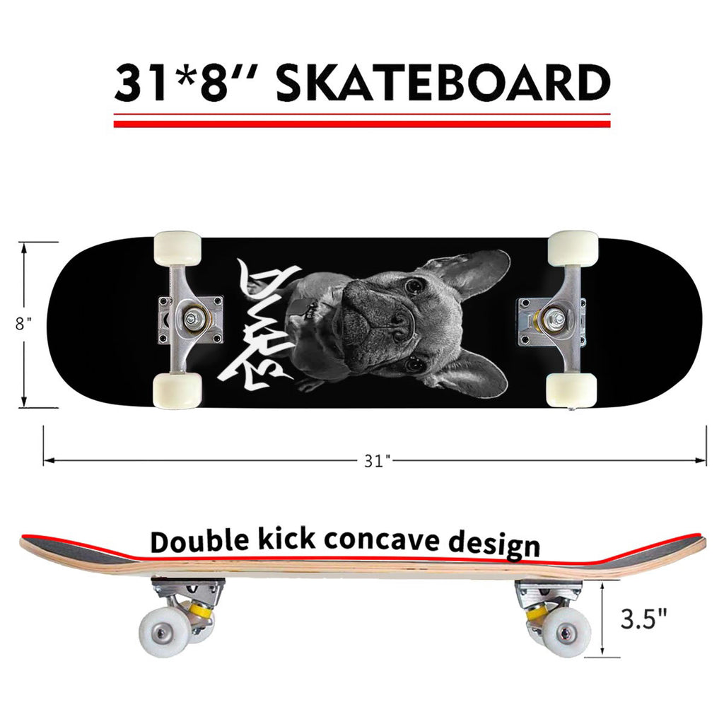 Skateboard with dimensions and design details on a white background