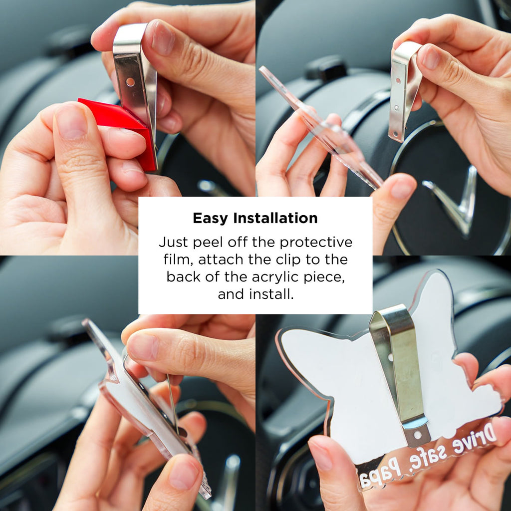 Step-by-step guide on installing a car safety device with text overlay.