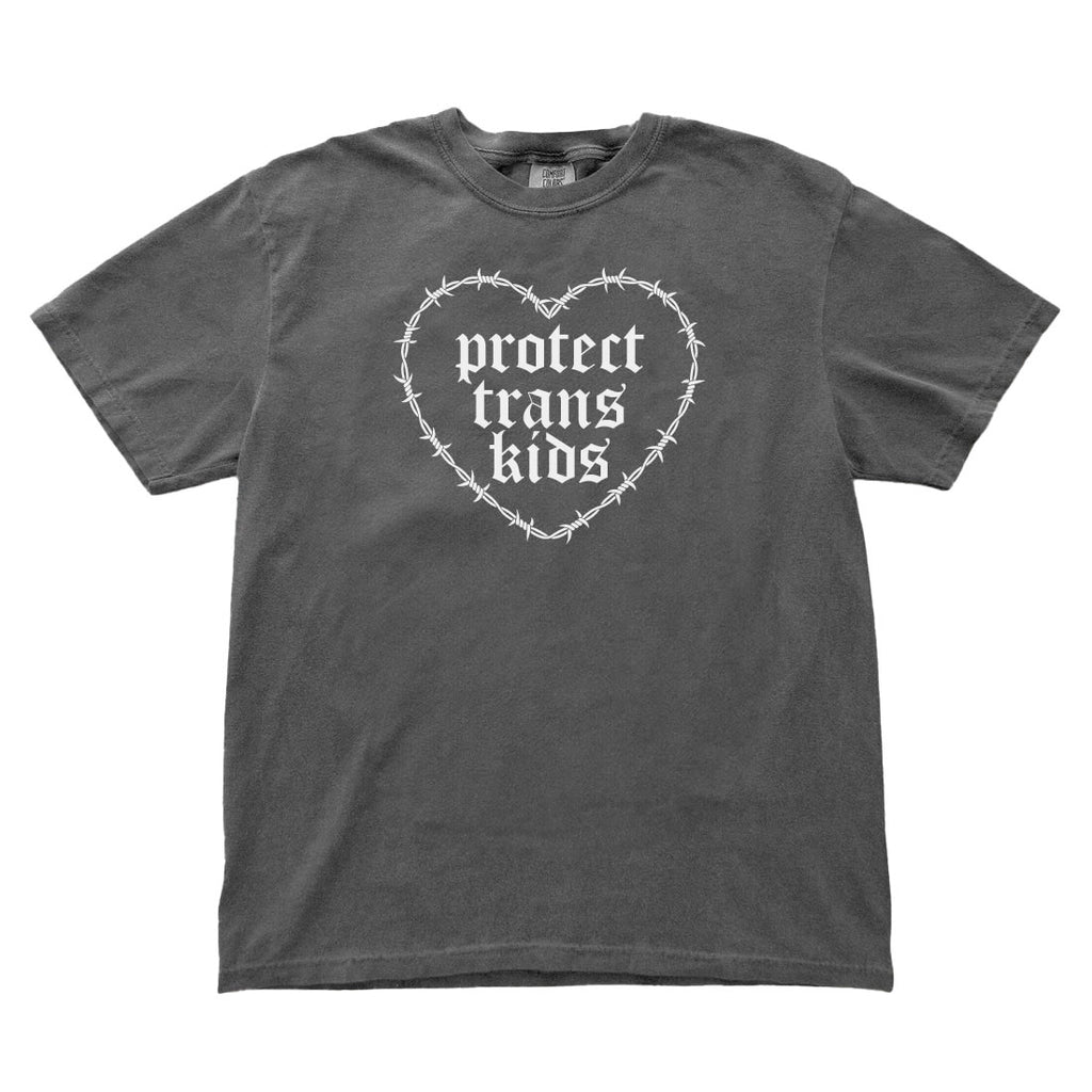 Pepper t-shirt with a heart-shaped design and text 'protect trans kids' on a white background