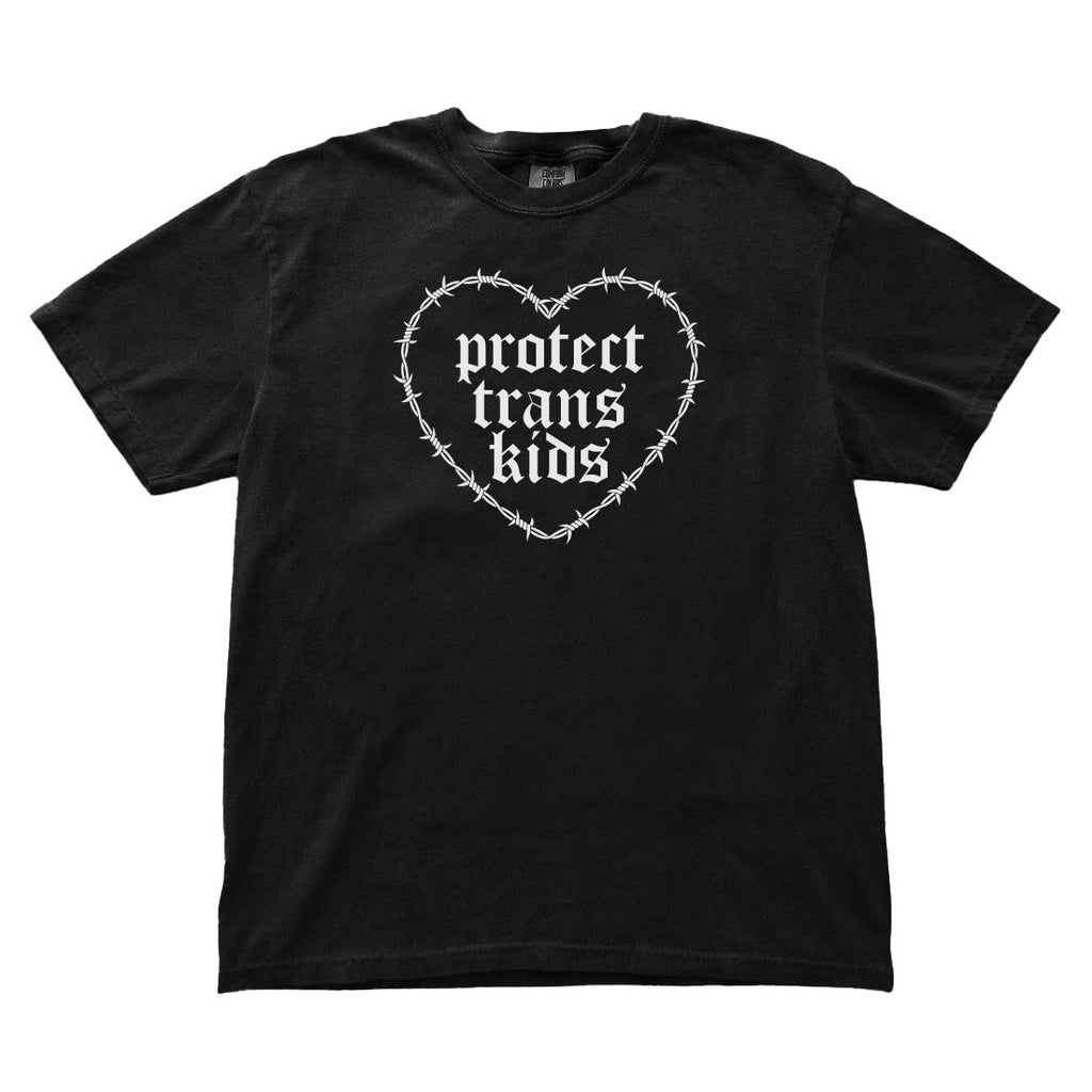 Black t-shirt with a white heart and text design on a white background