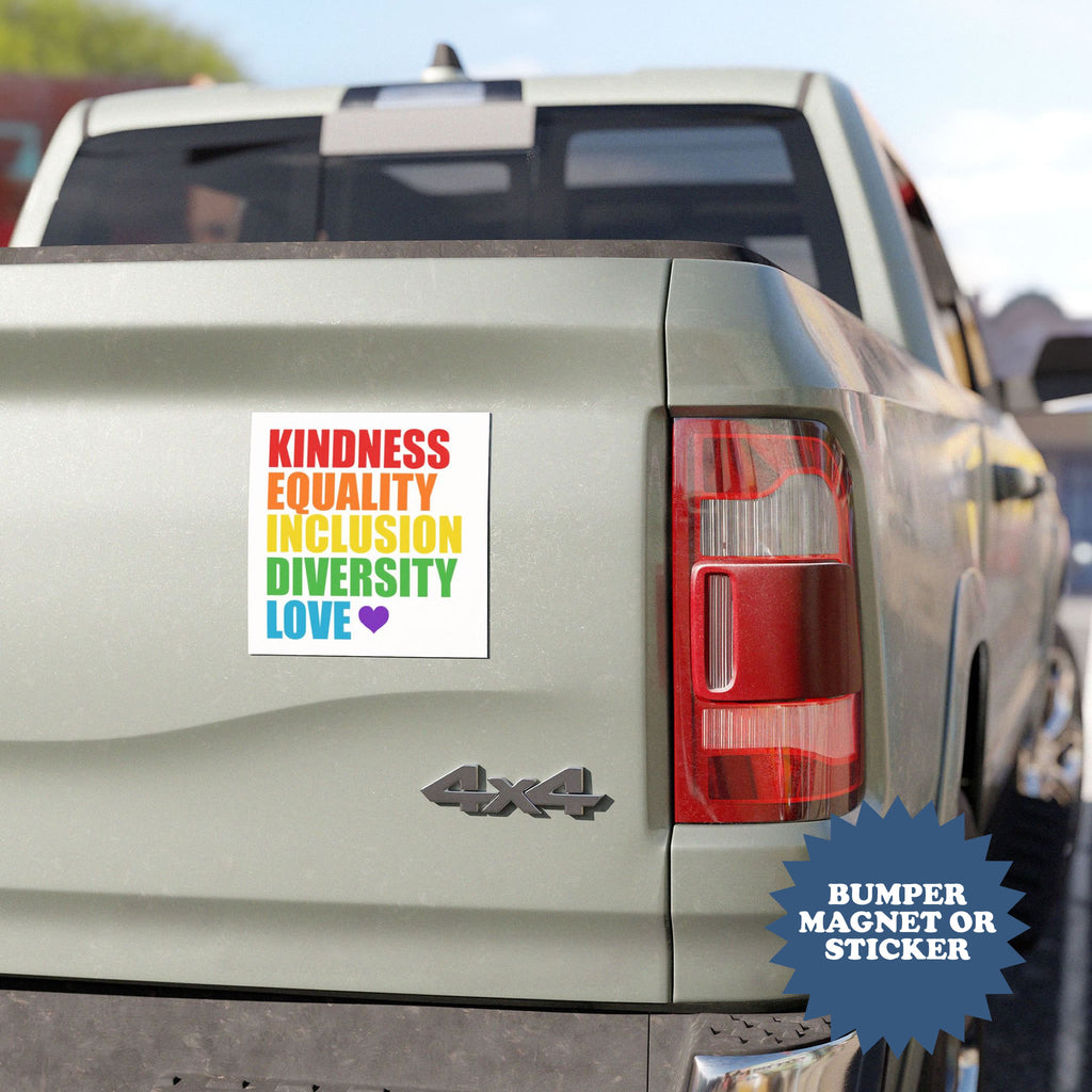Car with a bumper magnet or sticker featuring the text 'Kindness Equality Inclusion Diversity Love' on the back.