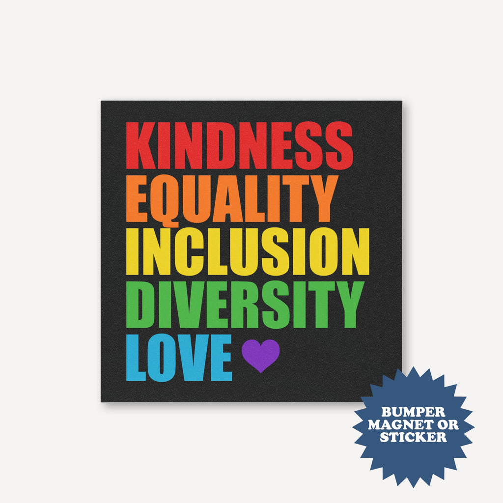 Colorful text with values like kindness, equality, inclusion, diversity, love on a black background.