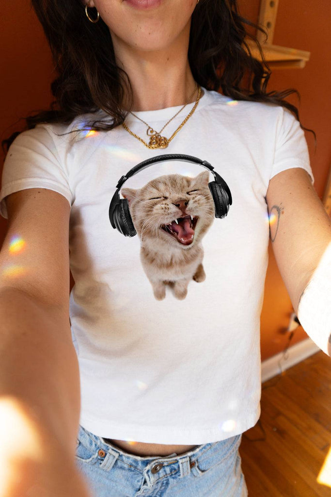 Cute Cat With Headphones White Baby Tee - printwithSKY