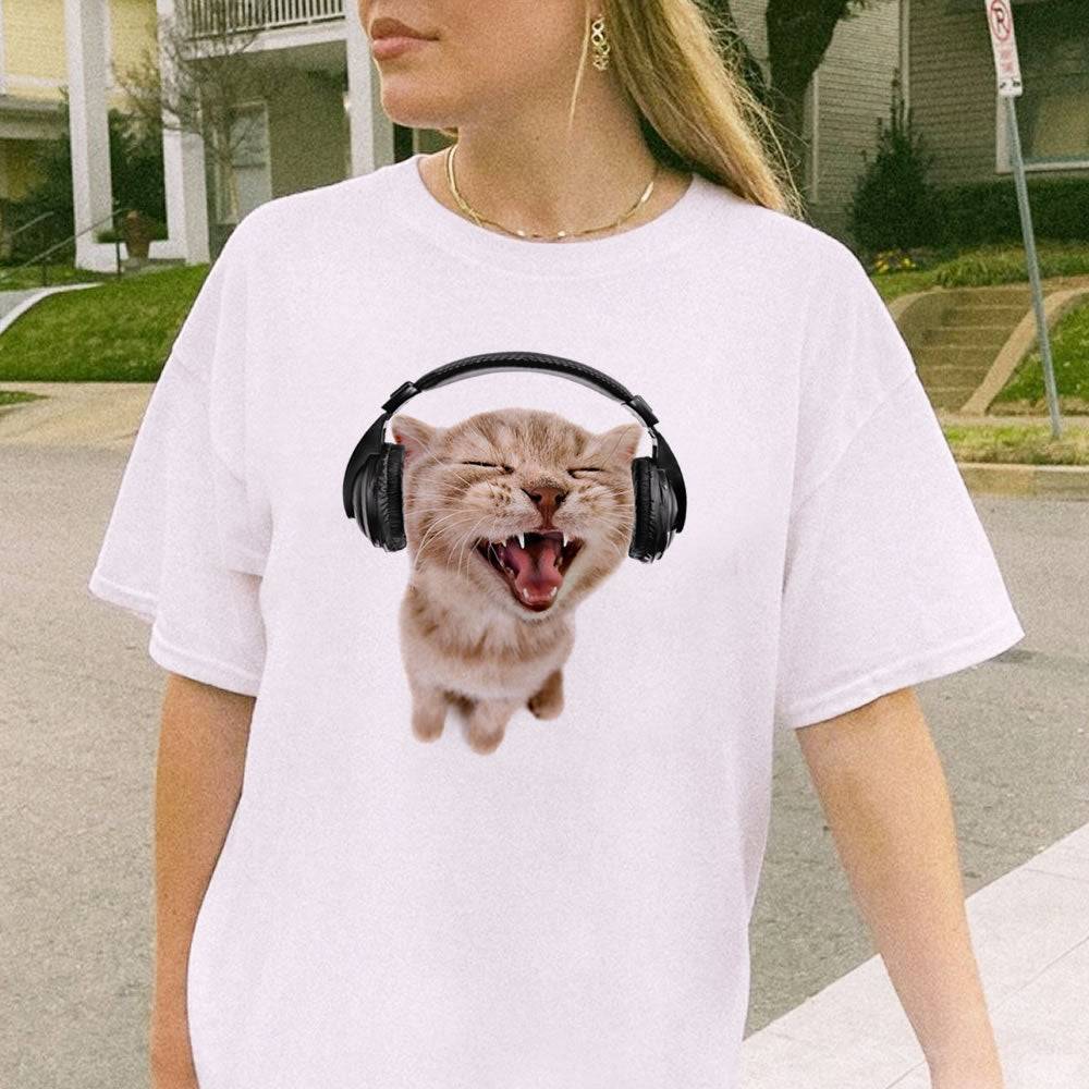Cute Cat With Headphones White Unisex T-shirt - printwithsky