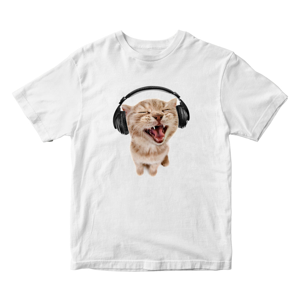 Cute Cat With Headphones White Unisex T-shirt - printwithSKY