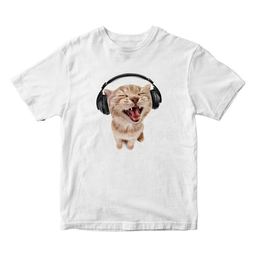 Cute Cat With Headphones White Unisex T-shirt - printwithsky