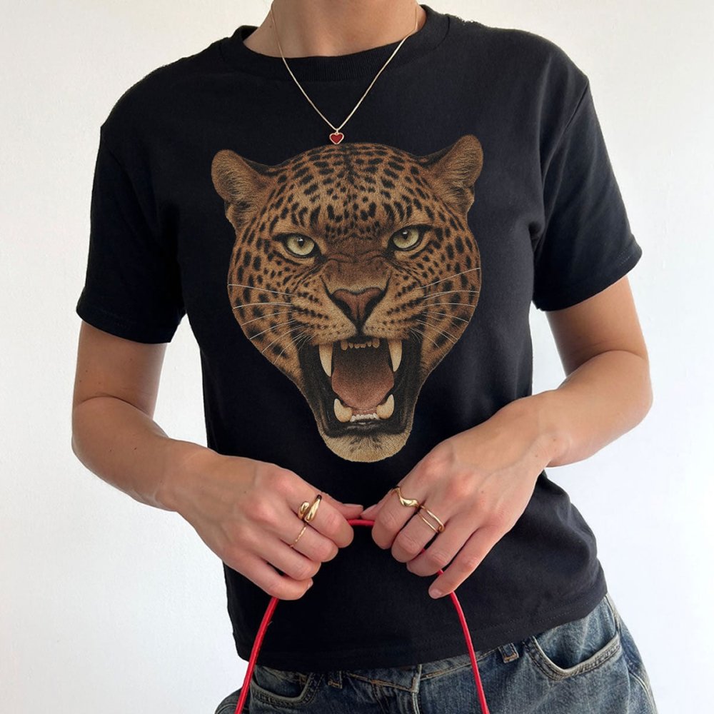 Leopard Graphic 90s Baby Tee | Vintage Animal Print Y2K Streetwear Top for Women - printwithsky