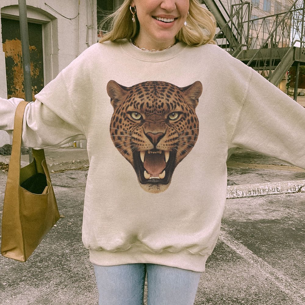Leopard Graphic Sweatshirt | Vintage Animal Print Crewneck Streetwear for Women & Men - printwithsky