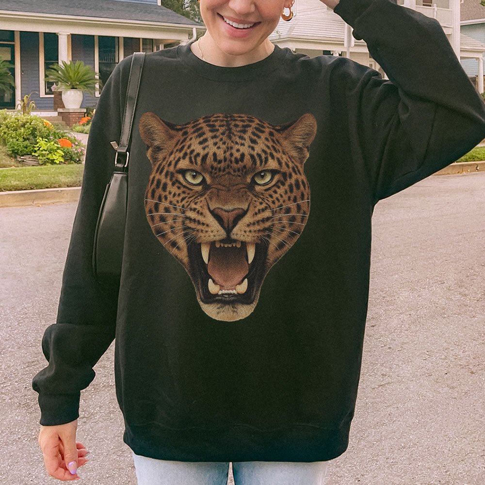 Leopard Graphic Sweatshirt | Vintage Animal Print Crewneck Streetwear for Women & Men - printwithsky