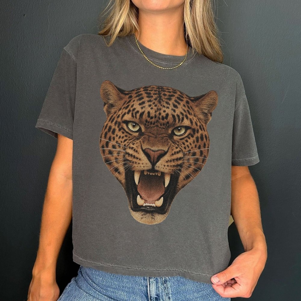 Leopard Graphic Women’s Crop Boxy Tee | Vintage Animal Print Streetwear Top - printwithsky