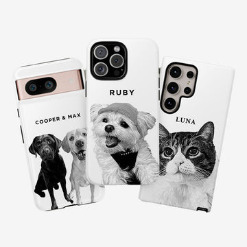 Three phone cases with pet photos and names on a white background