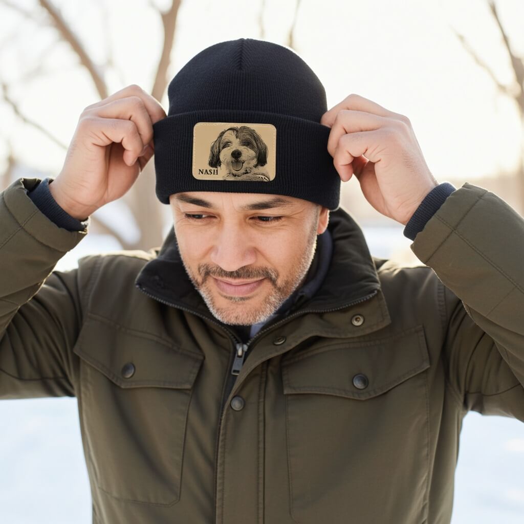 A man wearing a Custom Pet Portrait Beanie with his dog