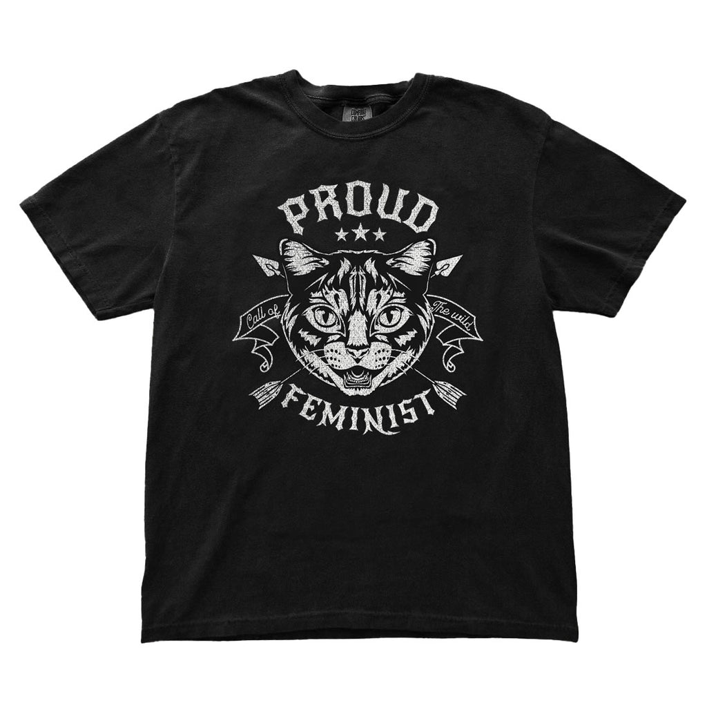 Black t-shirt with a cat graphic and 'Proud Feminist' text on a white background