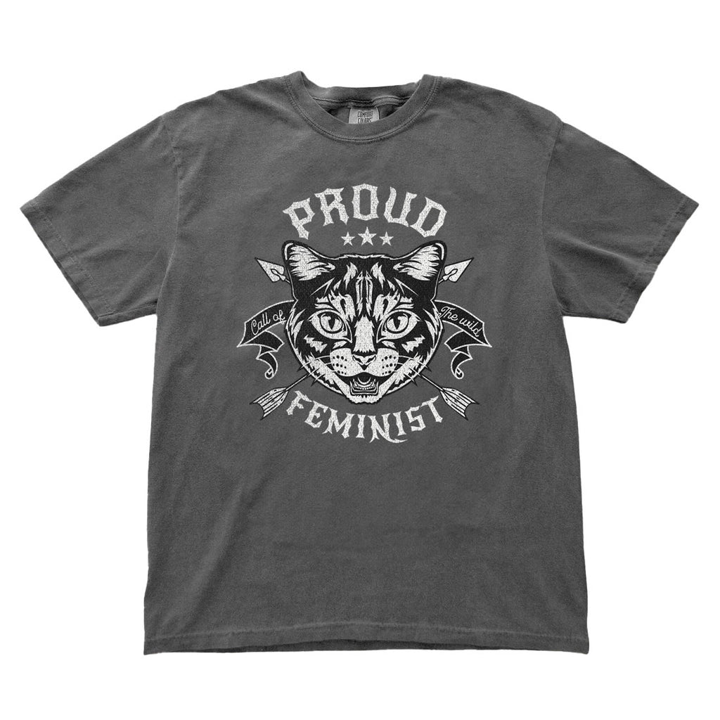 Pepper t-shirt with a cat graphic and 'Proud Feminist' text on a white background