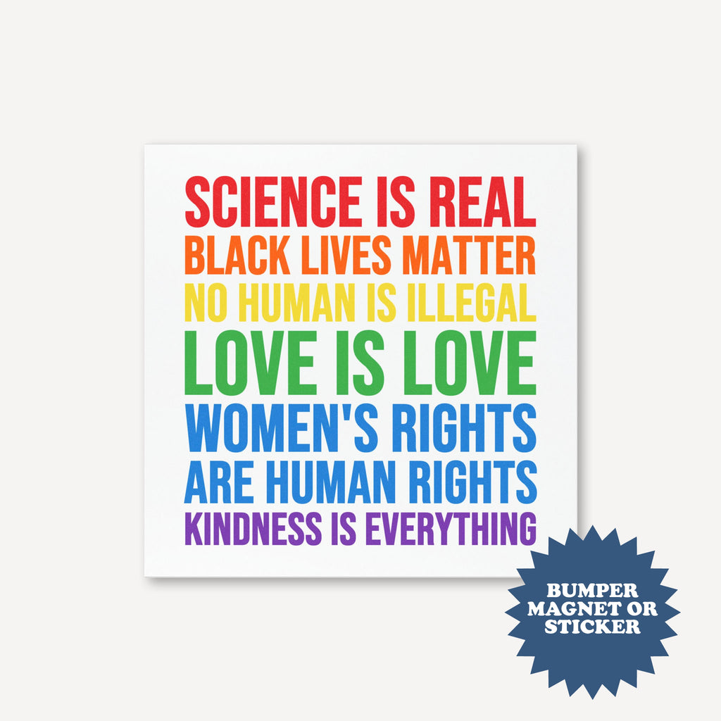 Colorful magnet with social justice statements on a white background