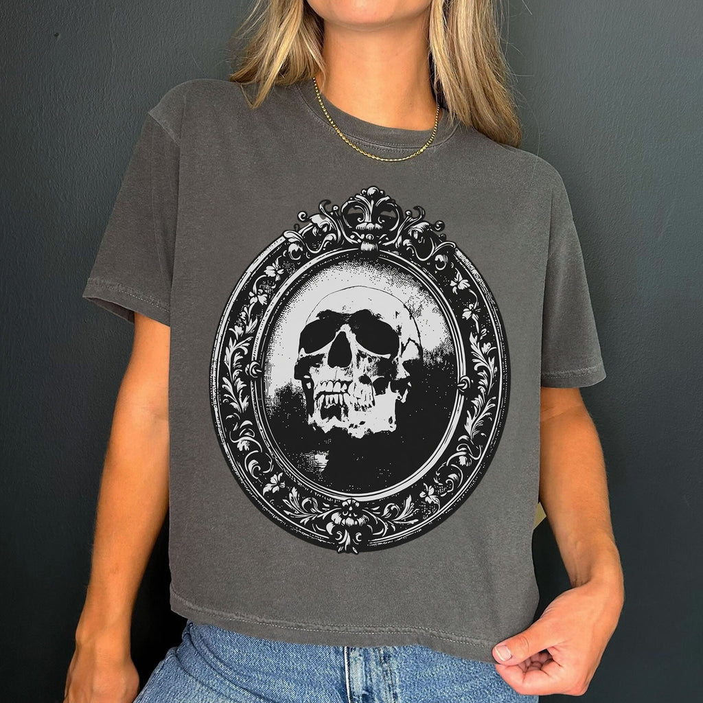 Halloween Skull Graphic Crop Boxy Tee | Gothic Vintage Skull Crop Top | Spooky Horror Shirt