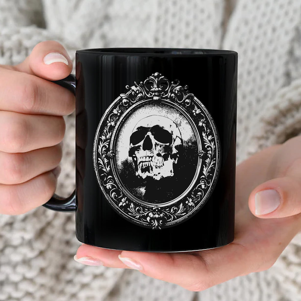 Halloween Skull Graphic Black Mug | Gothic Vintage Skull Coffee Mug | Spooky Horror Cup