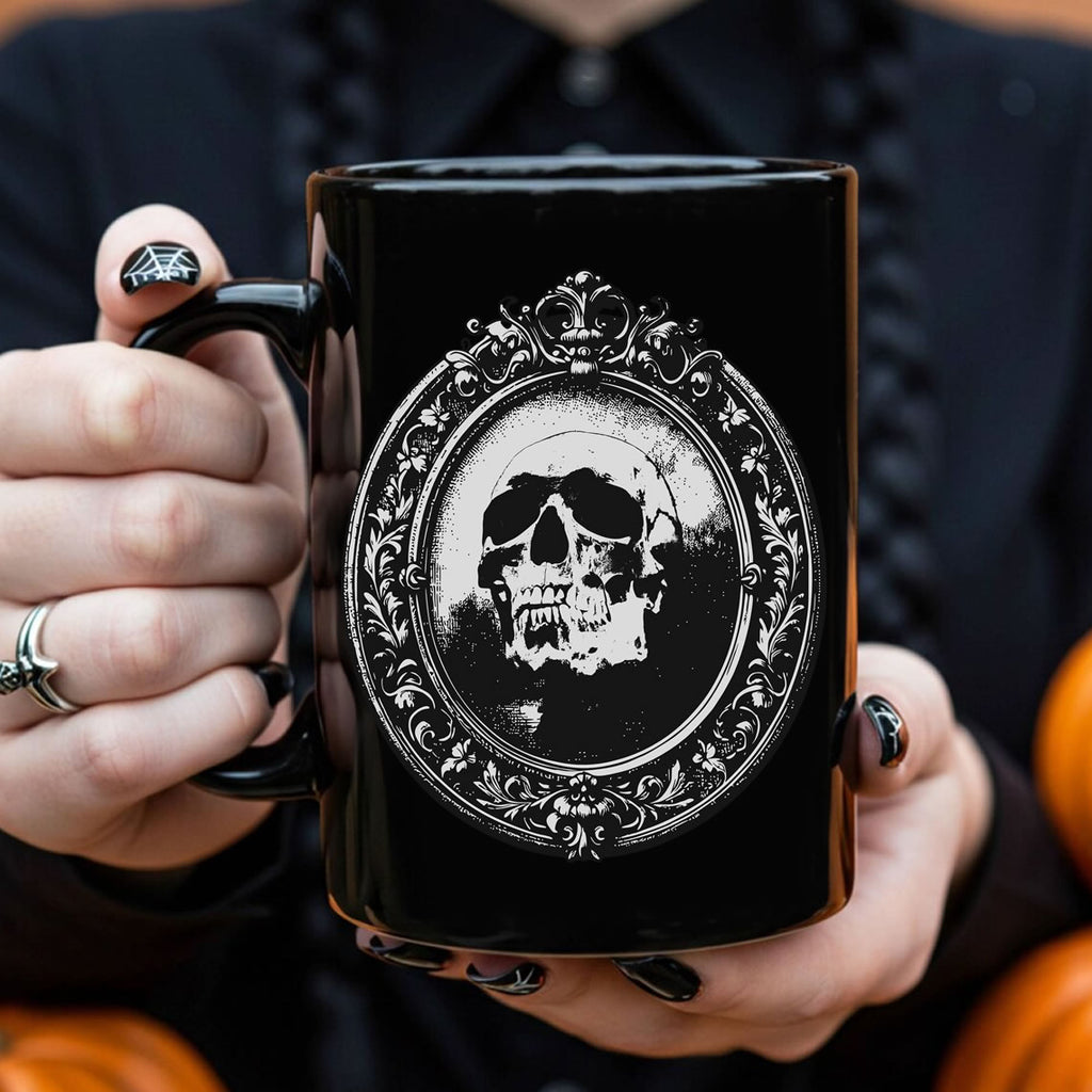 Halloween Skull Graphic Black Mug | Gothic Vintage Skull Coffee Mug | Spooky Horror Cup