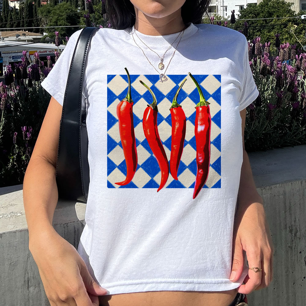 90s Chili Pepper Baby Tee | Retro Y2K Graphic Crop Top for Women