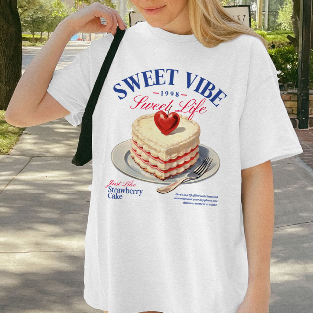 Sweet Vibe Strawberry Cake Graphic T-Shirt – Unisex Aesthetic Streetwear Tee