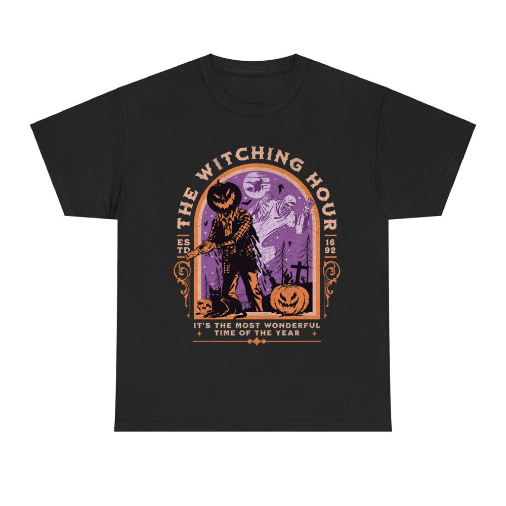 The Witching Hour Halloween T‑Shirt | Spooky Pumpkin Head Graphic Tee, Gothic Horror Unisex Top - printwithsky