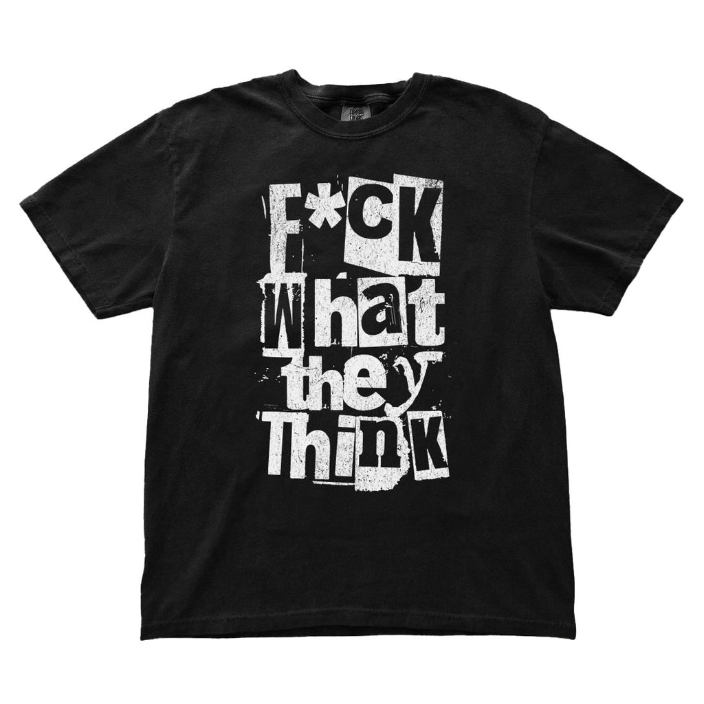 Black t-shirt with white text on a white background