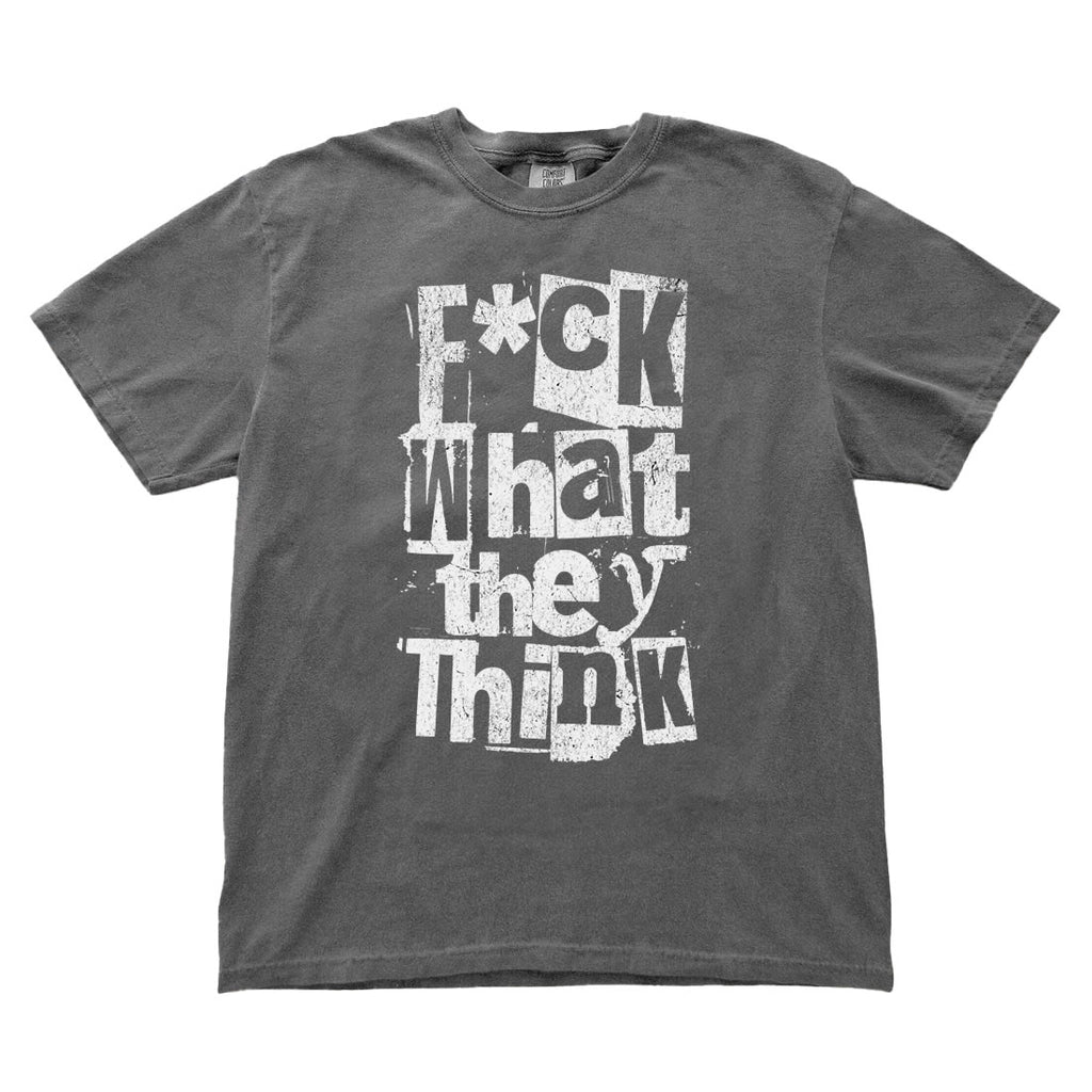 Gray t-shirt with white text on a white background
