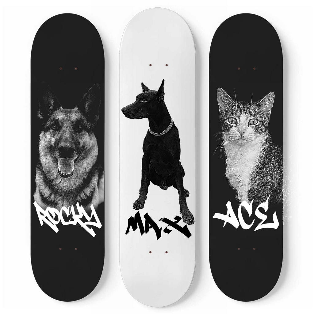 Custom Pet Skateboard Wall Art – Personalized Dog & Cat Portrait on Skate Deck | Unique Custom Pet Gift & Home Decor