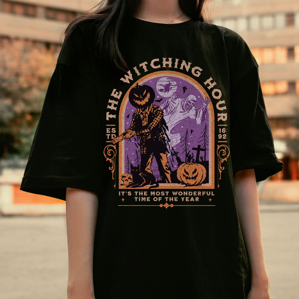 The Witching Hour Halloween T‑Shirt | Spooky Pumpkin Head Graphic Tee, Gothic Horror Unisex Top